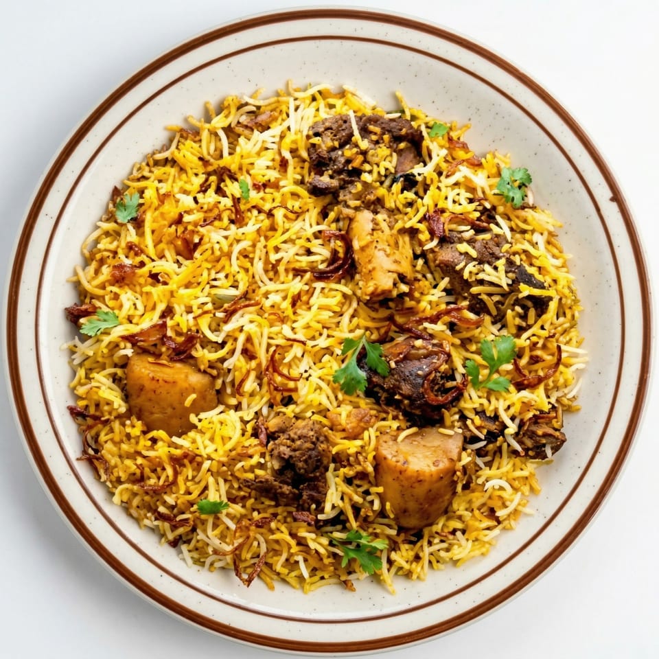Overhead view of a plate of biryani with rice, meat, potatoes, fried onions, and cilantro.