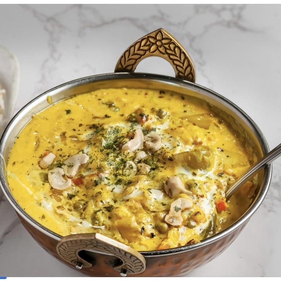 Creamy yellow curry with cashews and herbs in a decorative copper bowl on a marble surface.