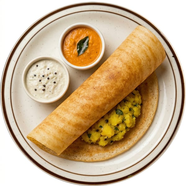 Masala dosa with potato filling, served with two small bowls of chutney on a white plate.