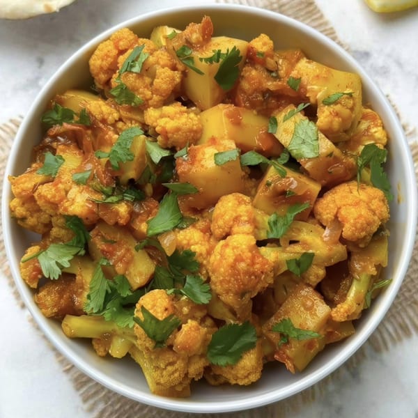 A white bowl filled with golden cauliflower and potato curry, garnished with fresh cilantro.