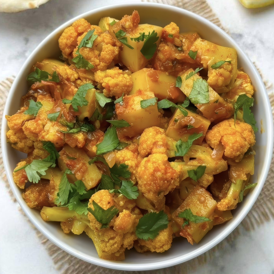 A white bowl filled with golden cauliflower and potato curry, garnished with fresh cilantro.