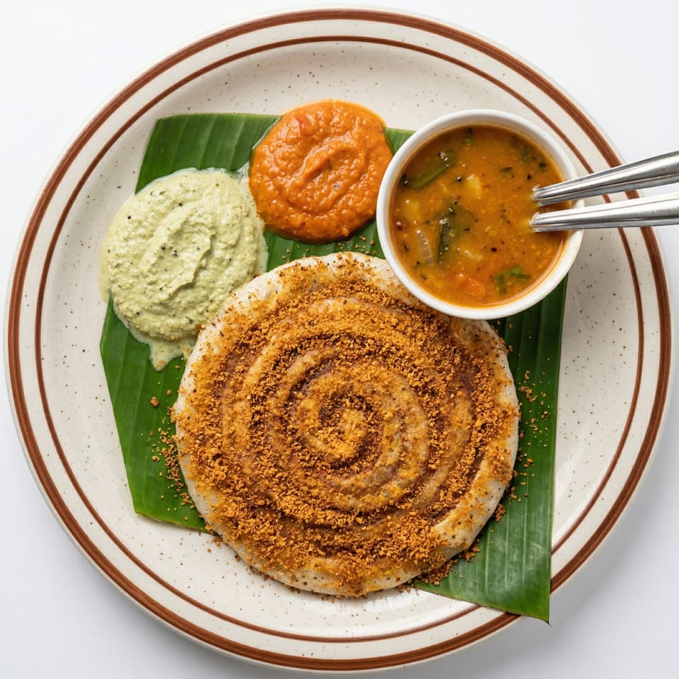 South Indian dosa with three chutneys and sambar, served on a banana leaf.