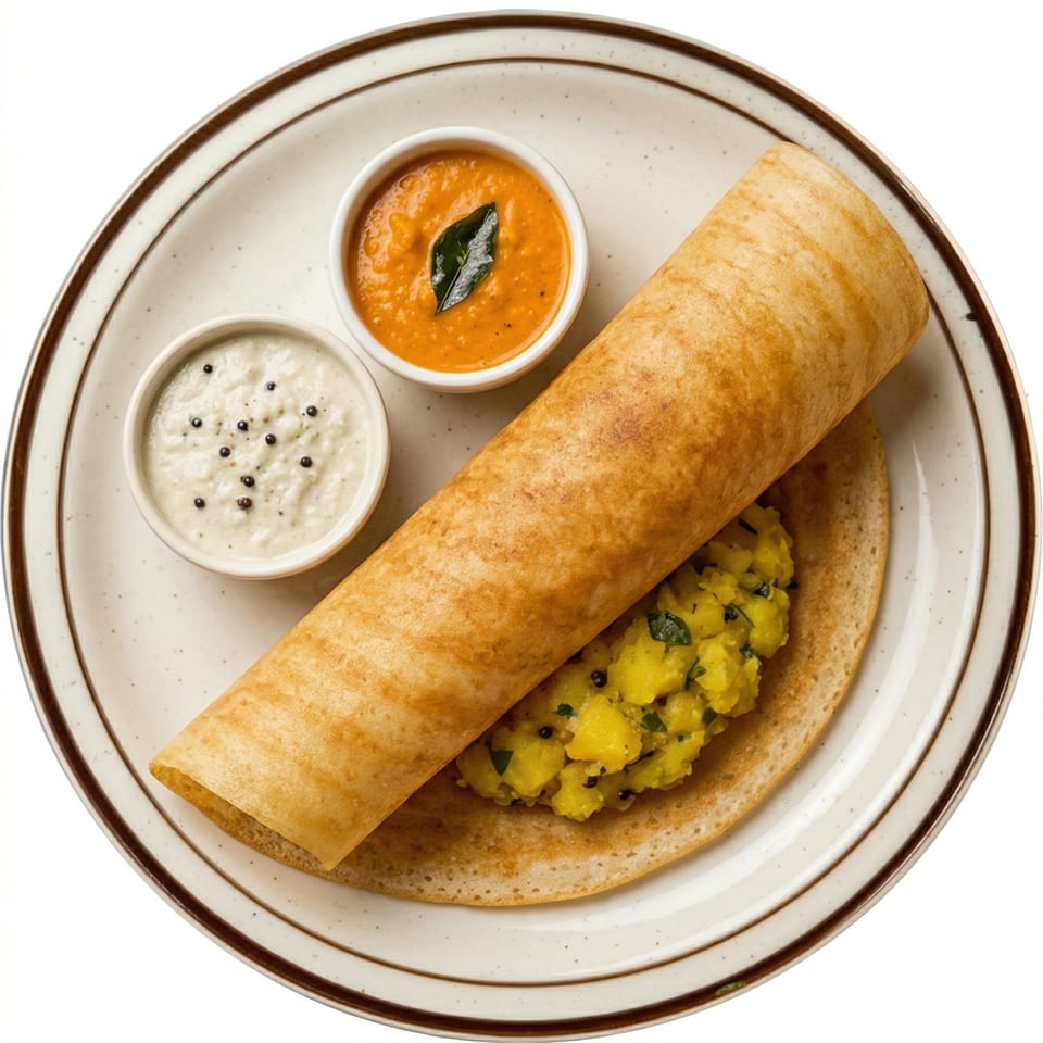 Masala dosa with potato filling, served with two small bowls of chutney on a white plate.